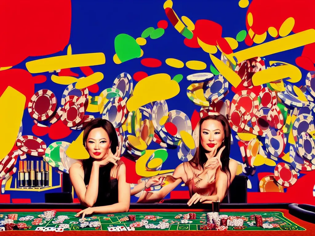 Image similar to hyper - realistic composition of a room in a casino with an extremely detailed poker table, croupier standing nearby fireworks in the background, pop art style, jackie tsai style, andy warhol style, acrylic on canvas