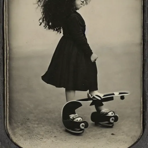 Image similar to a cute girl with curly black hair holding a skateboard, Daguerrotype