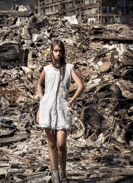 Image similar to award winning photograph miof a dressed young woman amongst rubble, sad face, dirt, dreamlike, low contrast, beatiful composition, 4k