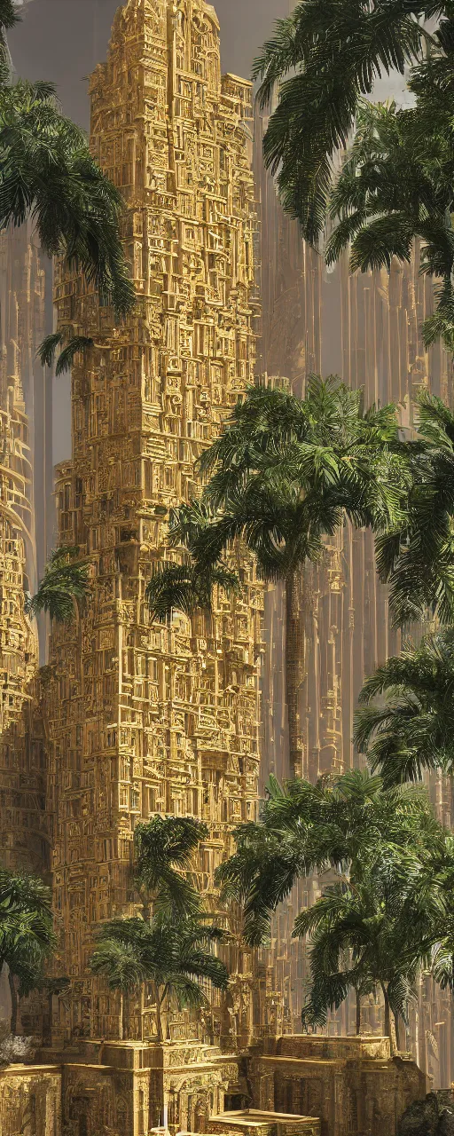 Prompt: photorealistic eye level conteporary babylon tower, golden intricate details, stone facade, sacred ancient architecture, hanging gardens, cascading highrise, arid mountains with lush palm forest, sunlight, post - production, octane, cgi, sfx