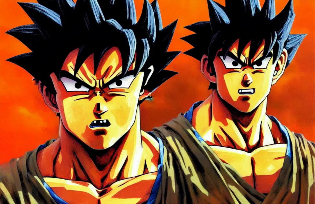 Image similar to portrait of son goku!!!!!!!!!!!!!!!!!!!!!!!!!!!, detailed face, detailed painting,, epic lighting, by ilya repin, phil hale and kent williams