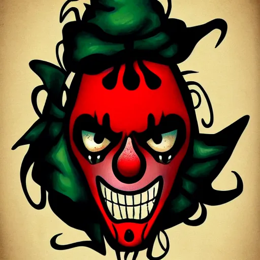 Image similar to angry clown skull in pinup style half dot design,