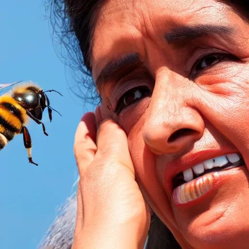 Image similar to mexican woman arguing with a bee, close - up, 4 k photorealism