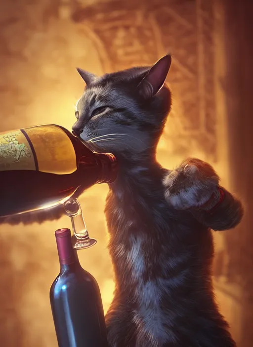 Prompt: An epic fantasy comic book style portrait painting of a cat drinks wine in cafe background, unreal 5, DAZ, hyperrealistic, octane render, cosplay, RPG portrait, dynamic lighting