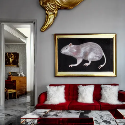 white rat with red eyes in mid century modern american