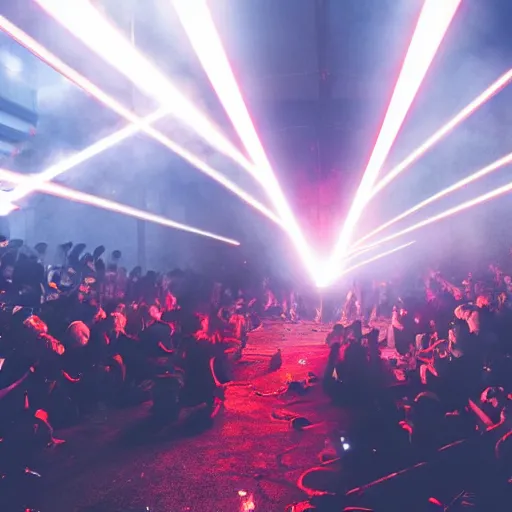 Image similar to giant group smoke bodies, lasers, darkness, from behind, wide angle, elaborate, smoke, red dot, highly detailed, beautiful lighting