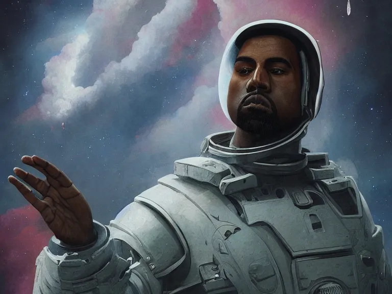 Image similar to a detailed profile illustration of kanye west in a space armour, cinematic sci-fi poster. technology flight suit, bounty hunter portrait symmetrical and science fiction theme with lightning, aurora lighting clouds and stars by beksinski carl spitzweg and tuomas korpi. baroque elements. baroque element. intricate artwork by moebius. Trending on artstation. 8k