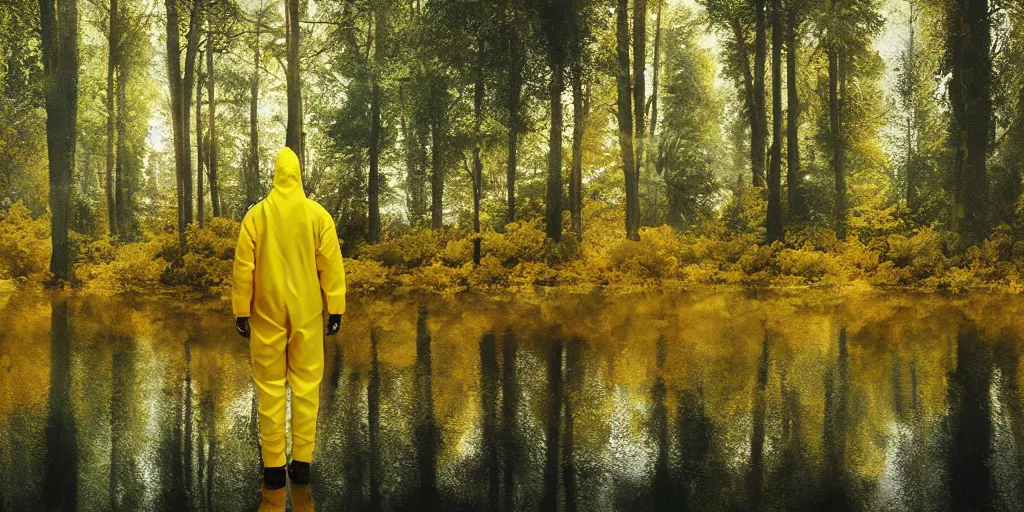 Image similar to a man in a yellow hazmat suit stands in a small lake with reflections in a detailed forest, painting, concept - art, rendering, octane, redshift, cinematic composition, volumetric lighting