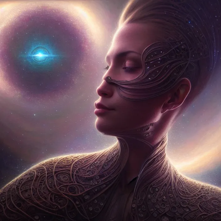 Prompt: closeup portrait shot of a meditation in a galaxy in a scenic dystopian environment, intricate, elegant, highly detailed, centered, digital painting, artstation, concept art, smooth, sharp focus, illustration, artgerm, tomasz alen kopera, peter mohrbacher, donato giancola, joseph christian leyendecker, wlop, boris vallejo