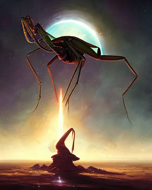 Prompt: a giant praying mantis in space eats planet, photo realistic, epic composition, epic light, high details by greg rutkowski and mark marc simonetti, game art, movie poster