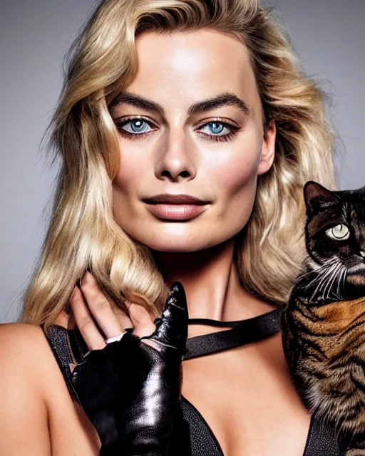 Prompt: portrait of margot robbie with a cat woman costume, full body shot, highly detailed, detailed face, cinematic, professional photograph