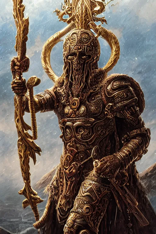 Prompt: portrait of slavic thunder god Perun, in style of Doom, in style of Midjourney, insanely detailed and intricate, golden ratio, elegant, ornate, unfathomable horror, elite, ominous, haunting, matte painting, cinematic, cgsociety, James jean, Noah Bradley, Darius Zawadzki, vivid and vibrant