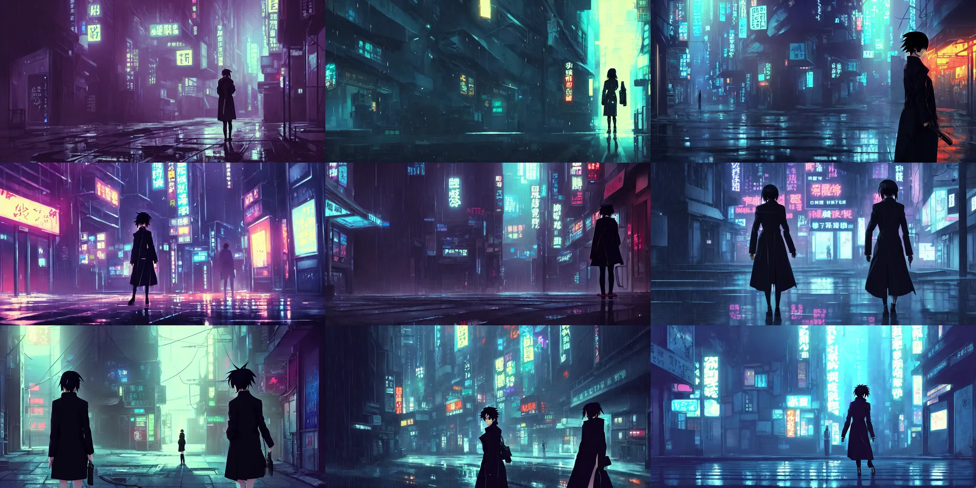 Prompt: a high definition screenshot from the detective noir noir cyberpunk anime anime film ; a cinematic shot of a lone lone lone lone lonely alone female detective in a trenchcoat investigating a dark dark alleyway, digital painting by makoto shinkai, martin ansin, trending on artstation