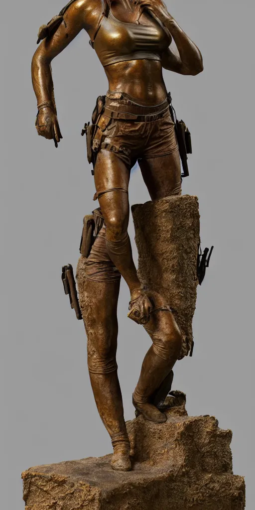 Prompt: detailed photo of an old bronze patina statue of beautiful lara croft, full body portrait, photorealism, intricate detail, museum diffuse lighting