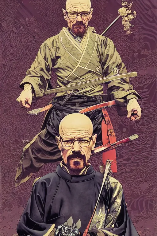 Prompt: poster of walter white as a samurai, by yoichi hatakenaka, masamune shirow, josan gonzales and dan mumford, ayami kojima, takato yamamoto, barclay shaw, karol bak, yukito kishiro