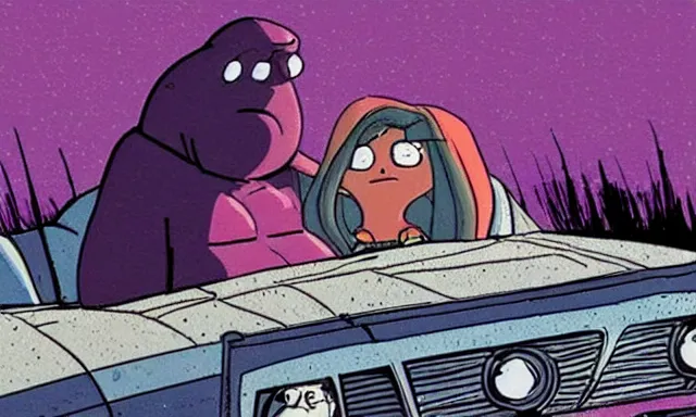 Image similar to thanos and louise belcher in real life driving a convertible off a cliff, grainy 1 9 9 1 vhs tape, dramatic movie scene, extremely realistic