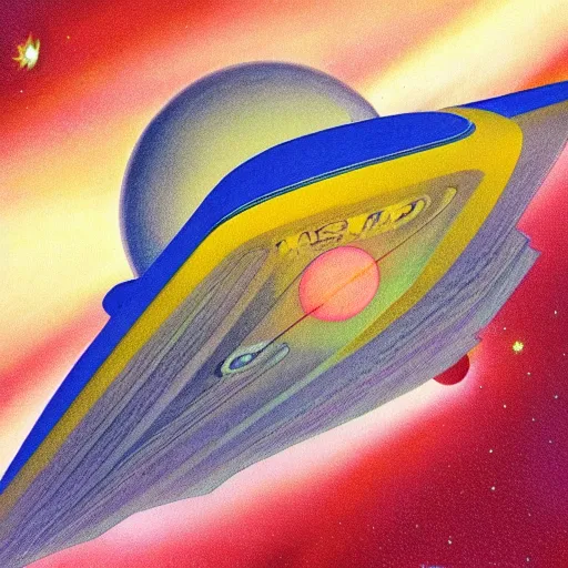 Image similar to a nasa spaceship entering the atmosphere of a planet, 1 9 7 0 s illustration, saturated colors