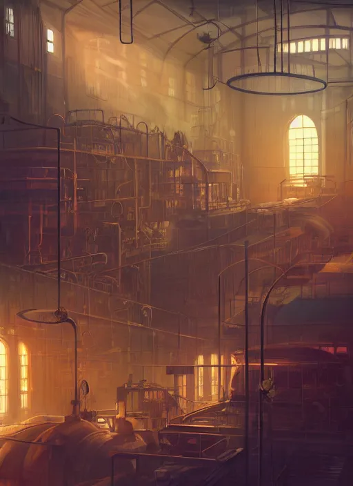 Image similar to beautiful interior of a steampunk factory, ross draws, james gilleard, delphin enjolras, goro fujita, makoto shinkai, paul lehr, volumetric lighting, octane render, very coherent, trending on artstation