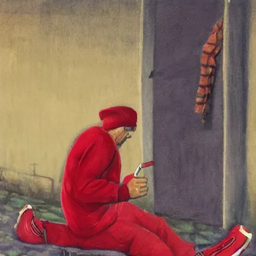 Image similar to a man in cheap and red used sportswear. he is smoking a cigarette. he is sitting on a dead dog. he is on the side of the road. he is wearing slippers. it is a rural scene, in poor village, dramatic lighting, hyper detailed, surreal, hyperrealism, oil painting