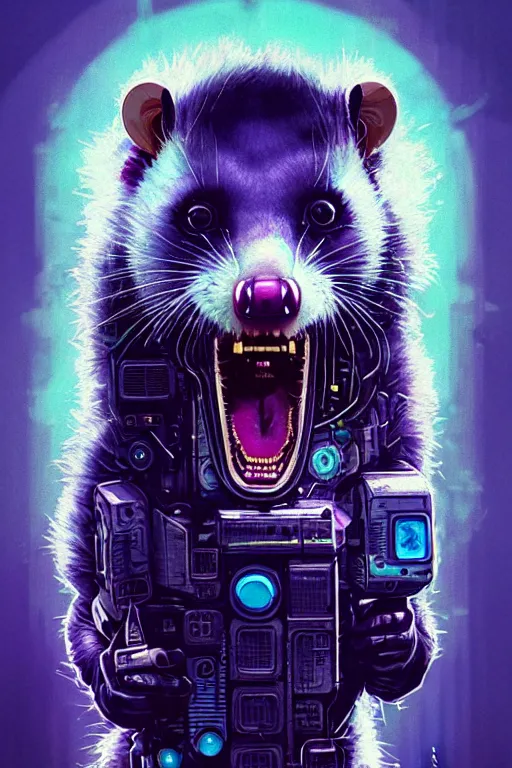 Image similar to a beautiful portrait of a cute cyberpunk opossum screaming by sandra chevrier and greg rutkowski and wlop, purple blue color scheme, high key lighting, volumetric light, digital art, highly detailed, fine detail, intricate, ornate, complex, octane render, unreal engine, photorealistic