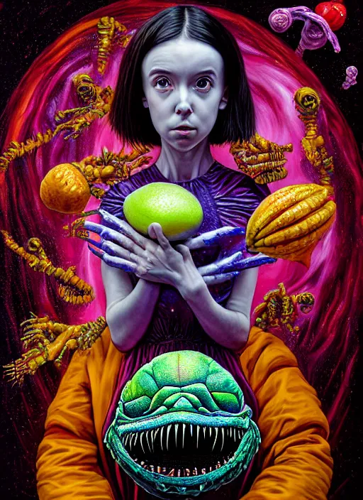 Prompt: hyper detailed 3d render of like a chiaroscuro oil painting - kawaii portrait outside spaceship (an astronaut queen with advanced suit like a skeksis from dark crystal that looks like millie bobby brown and Krysten Ritter) seen Eating of the Strangling network of yellowcake aerochrome and milky Fruit and His delicate Hands hold of gossamer polyp skeletons bring iridescent fungal flowers whose spores black the foolish stars by Jacek Yerka, Ilya Kuvshinov, Mariusz Lewandowski, Houdini algorithmic generative render, Abstract brush strokes, Masterpiece, Edward Hopper and James Gilleard, Zdzislaw Beksinski, Mark Ryden, Wolfgang Lettl, hints of Yayoi Kasuma, octane render, 8k