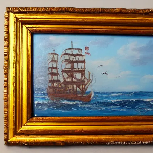 Prompt: oil painting of a pirate ship in a frame, old painted style