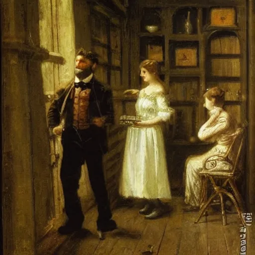 Image similar to young victorian man and woman solving a riddle in a dungeon, by alfred stevens