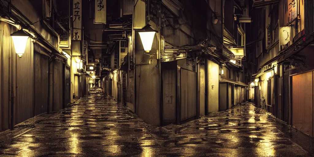 Image similar to quiet tokyo alley at night, raining, hdr, hyper realistic, hyperdetailed, epic composition, cinematic lighting, masterpiece, street photography