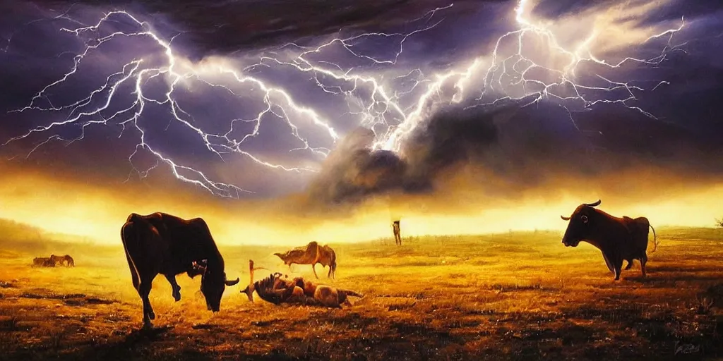 Prompt: Mark Magiori oil painting of a cowboy watching a bull get abducted by aliens, supercell thunder cloud, extremely beautiful, amazing painting, HD, 8K, very detailed, photorealistic, hyperrealism