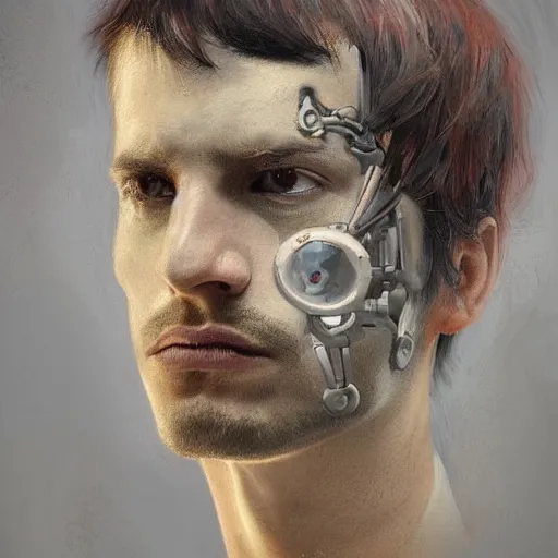 Image similar to surreal portrait of a man by Greg Rutkowski, symmetrical face, he is about 30 years old, short black hair with bangs, his features are a mix between French, Turkish and Russian, transformed into a kind of biomechanical transhuman god, uncany but fascinating, expression of epiphany and determination, cosmic void background, frightening, fascinating, highly detailed portrait, digital painting, book cover, artstation, concept art, smooth, sharp foccus ilustration, Artstation HQ