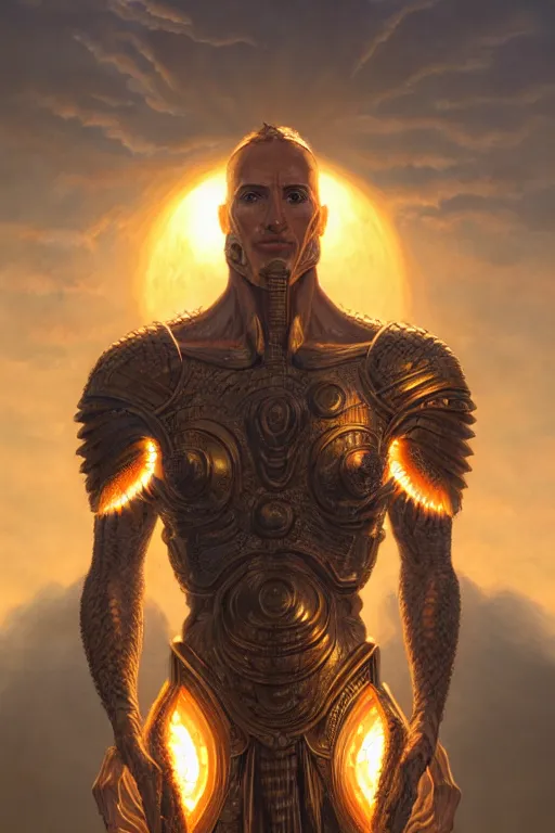 Image similar to humanoid god of the sun, highly detailed, d & d, fantasy, hyper detailed, digital painting, trending on artstation, apollo, concept art, sharp focus, illustration, art by artgerm and magali villeneuve and greg rutkowski and michael whelan, cryengine, 8 k realistic atmospheric lighting, frostbite 3 engine