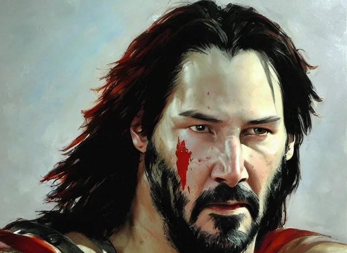 Image similar to a highly detailed beautiful portrait of keanu reeves as kratos, by gregory manchess, james gurney, james jean