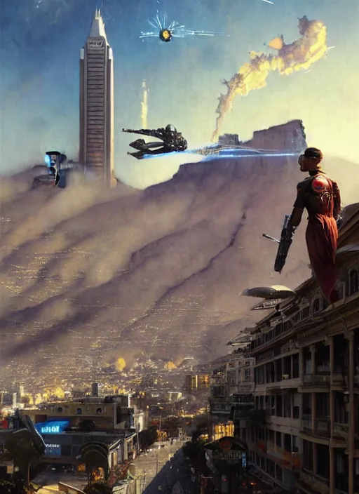 Image similar to hyper realistic robot attacking cape town city,. poster painted by light and magic by wizards of the coast norman rockwell, james gurney and greg rutkowski weta studio, and lucasfilm and best of artstation