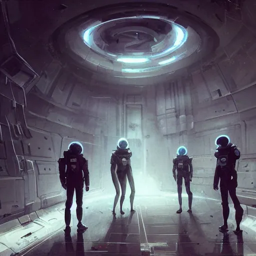 Prompt: concept art by greg rutkowski, three people wearing futuristic space gear, exploring the interior of an abandoned space station, brutalist futuristic interior, dark lighting atmosphere, detailed portraits, scary atmosphere, scifi, digital painting, artstation, concept art, smooth, sharp foccus ilustration, artstation hq