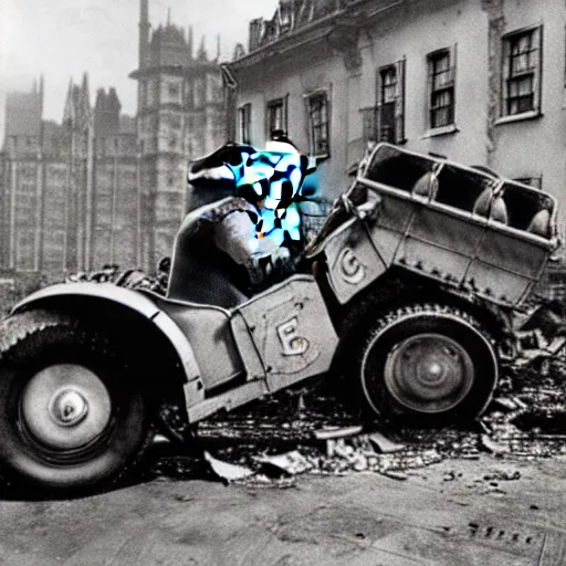 Image similar to minions from despicable me ridding a half - track motorcycle with a single front wheel, better known as the kleines kettenkraftrad hk 1 0 1, in the empty and destroyed london, circa 1 9 3 9, 4 k hd