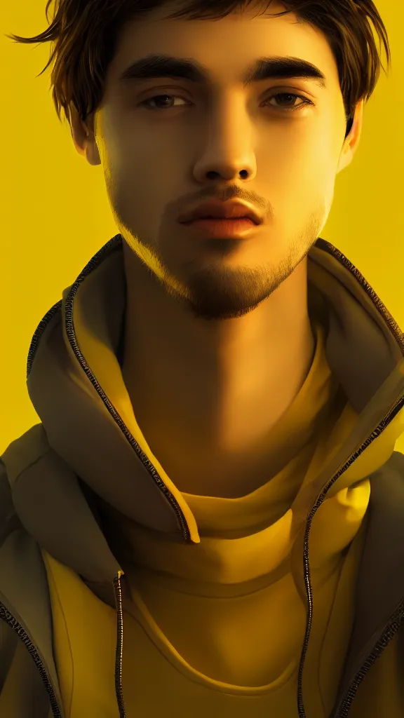 Image similar to close up portrait of young handsome it engineer in a yellow sweatshirt. cyberpunk, volumetric lighting, 4 k, hd, artstation, deviantart