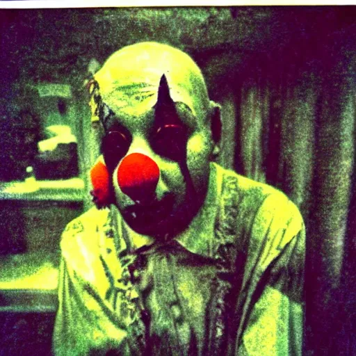 Prompt: creepy grunge disposable camera photo of a sad clown | horror | nightmare