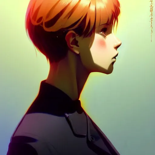 Prompt: side profile of ilya kuvshinov with sky blue hair, sharp face, gold hazel eyes, high collar, black jacket, professional digital painting, concept art, award - winning photography, cinematic, stained glass window, wlop, art by pixiv art, yoshitaka amano, junki ito