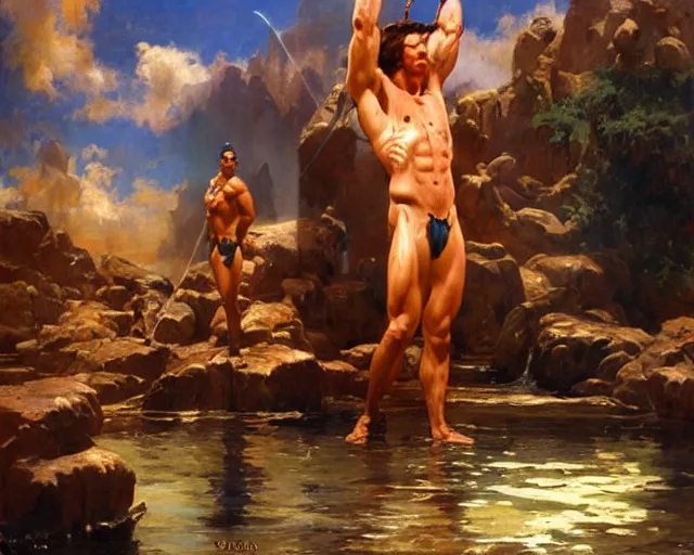 Image similar to muscular magician man, casting water magic. highly detailed glossy matte oil painting by gaston bussiere, craig mullins, j. c. leyendecker, tom of finland