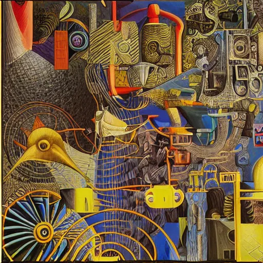 Prompt: pic mural of technological change through history by marcus akinlana, sparse conventional collage, amanita aztec, basil wolverton, mc escher, dali, picasso, hr giger, wheres waldo, cybernetic river of transformation, vibrant but muted colors, gold flake, tin foiling, sharp and clean