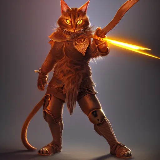 Image similar to character concept portrait, a warrior cat holding a metal weapon in a combat stance, bright glowing, 3 d rendered, 3 d rendering, dramatic lighting, unreal enginedigital painting, concept art, smooth, sharp focus, illustration, 8 k resolution, trending on art station, cinema 4 d, behance hd