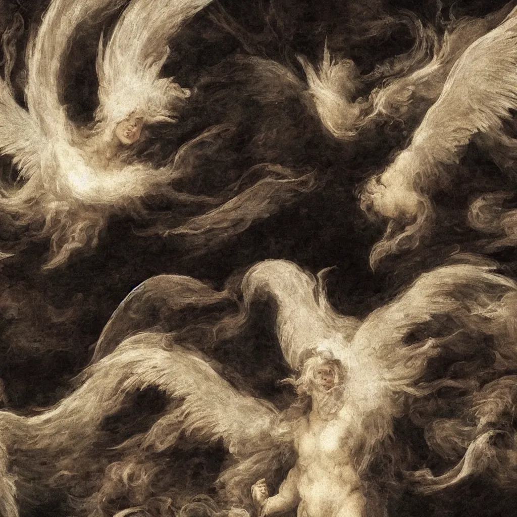 Prompt: powerful seraphim with white wings and white hair floating in a cloud of black smoke. detailed, ultra - realistic, 8 k. by michelangelo, da vinci.