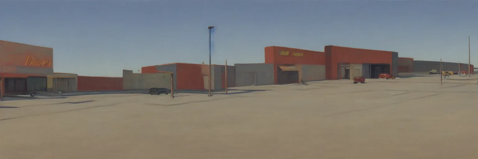 Prompt: bleak and deserted parking lot behind a North American suburban strip mall by Edward Hopper