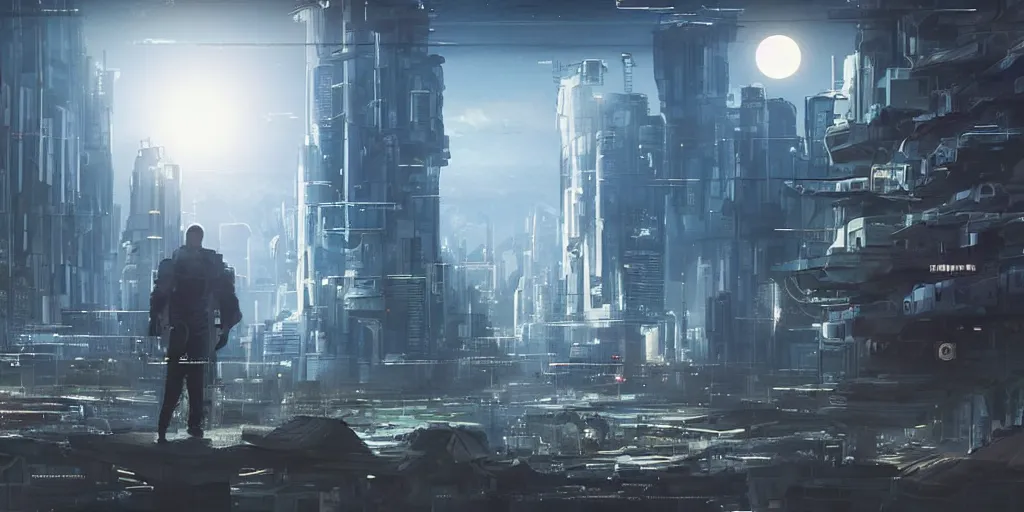 Image similar to a cinematic composition depicting : a translucid crystal - being viewing how a high tech solarpunk tribe with their technology is encroaching on a distant cyberpunk world with white clad buildings at full moon light