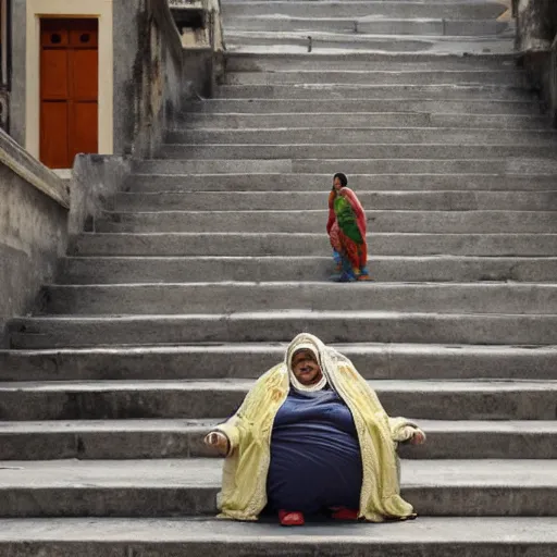 Prompt: a fat Indian woman holding a rollator on steps in Porto, greg rutkowski