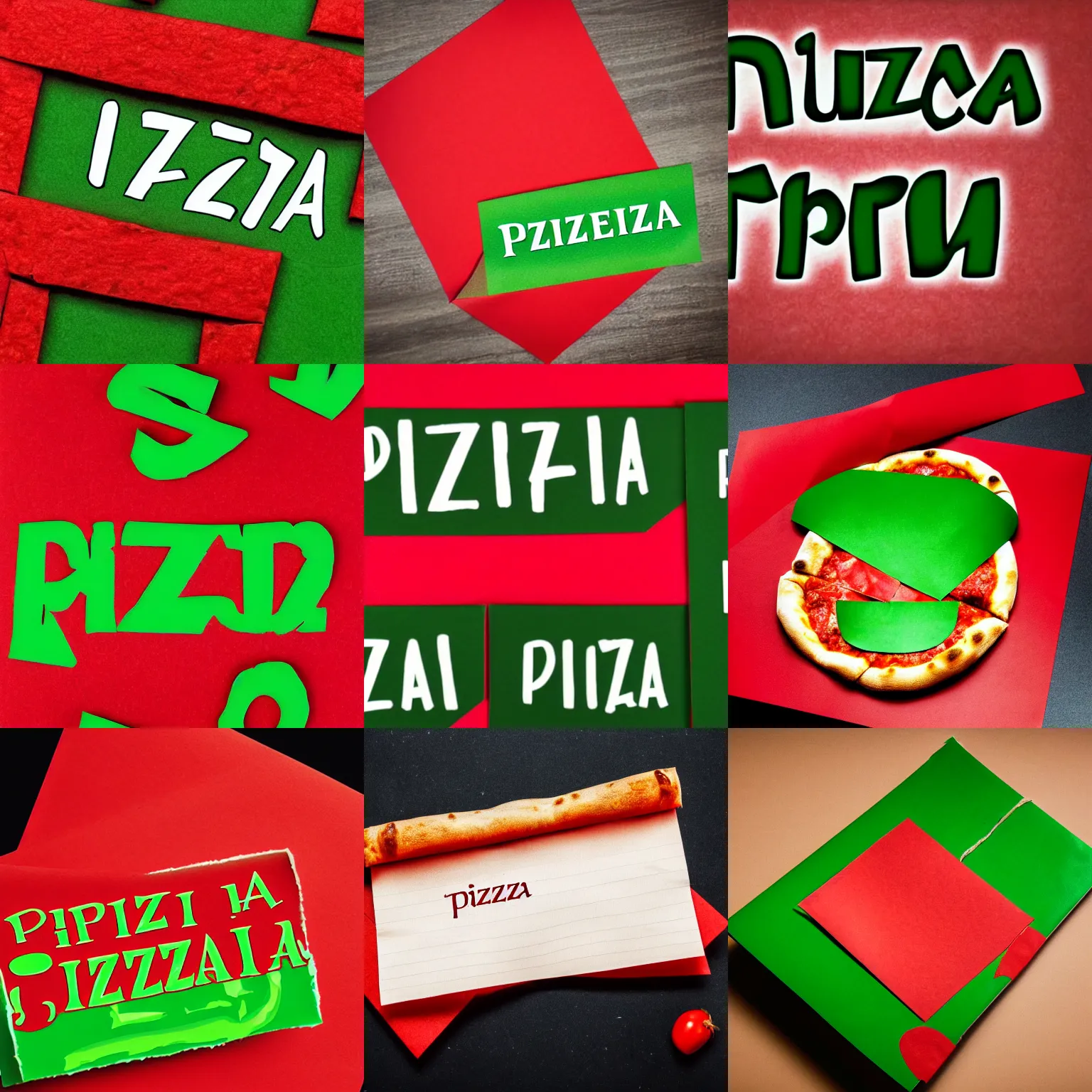 Prompt: a red paper with a stylized green text font saying pizza