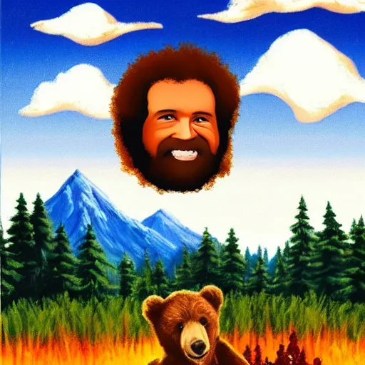 Prompt: bob ross riding a bear over the mountains with happy trees and happy clouds in the background