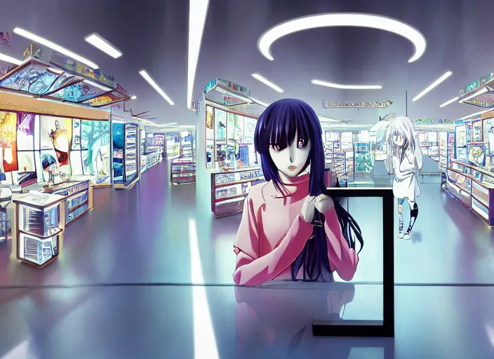 Prompt: lomography, anime, portrait of a young woman in a samsung shop interior shopping, glowing, haruhiko mikimoto, hisashi eguchi, lodoss, dynamic pose and perspective, dramatic lighting, detailed facial features, rounded eyes, sharpened image, yoshinari yoh