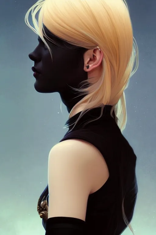 Image similar to a beautiful blond goth woman, fantasy, portrait, sharp focus, intricate, elegant, digital painting, artstation, matte, highly detailed, concept art, illustration, ambient lighting, art by ilya kuvshinov, artgerm, Alphonse mucha, and Greg Rutkowski