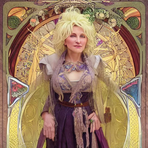 Image similar to an ultra detailed tarot card of teenage dolly parton as a necromancer, d & d, epic fantasy, concept art by alphonse mucha and greg rutkowski, octane render, 8 k, detailed face